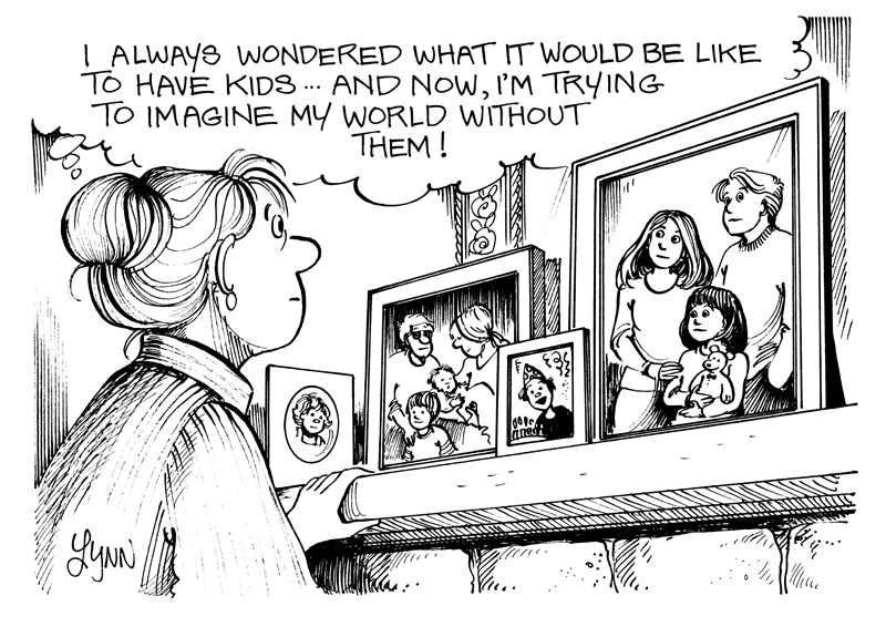 Elly looks at pictures of the family on her fireplace mantle and thinks she always wondered what it would be like to have kids, and now she can't imagine her life without them .