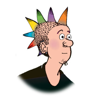 Duane is a young white man with facial piercings and a multicolour mohawk.