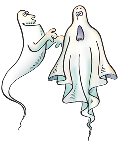 Ghosts floating in front of a graveyard
